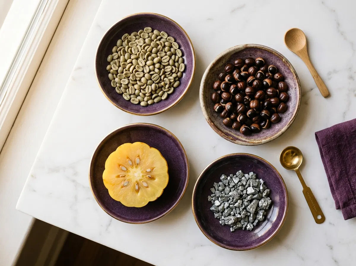 Natural supplement ingredients: green coffee beans, garcinia cambogia, guarana seeds and zinc on marble surface