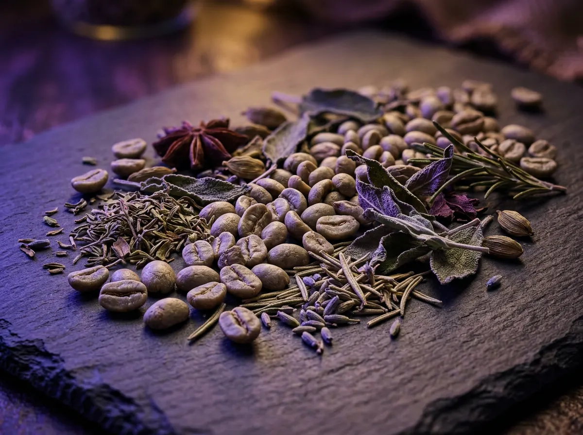 Macro close-up of green coffee beans and dried botanical herbs on dark slate with purple accent lighting